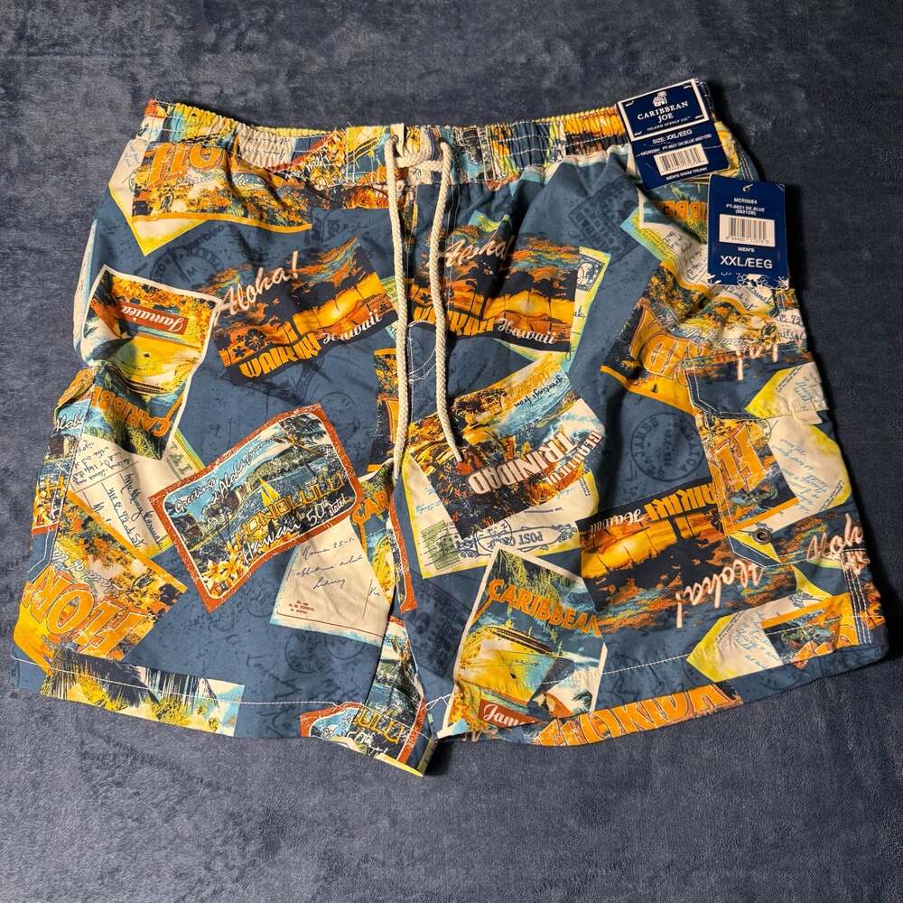 Caribbean Joe Men's Postcard Print Swim Trunk Shorts